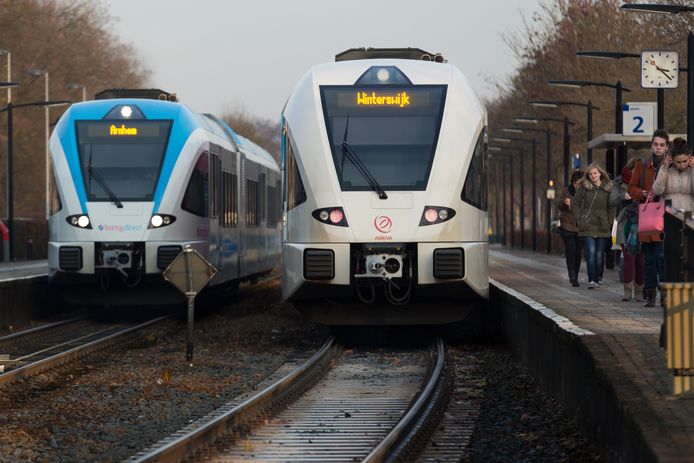 Treinen van Breng (links) en Arriva kruisen elkaar op het station in Didam.