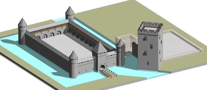 Impressie van het Osse kasteel dat rond 1450 al is gesloopt. Van de voorburcht (links) is in 1994 een deel van de fundamenten blootgelegd.