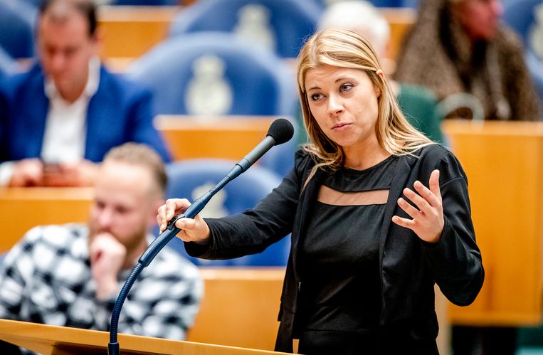 Kamerlid Lisa Westerveld (GroenLinks) tijdens het debat in de Tweede Kamer over de onderwijsbegroting. Beeld ANP