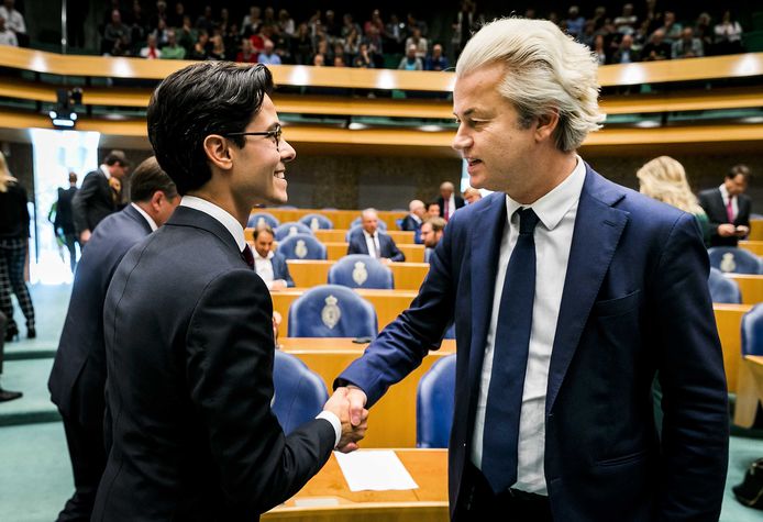 Rob Jetten (D66) en Geert Wilders (PVV) tijdens het wekelijkste vragenuurtje in de Tweede Kamer.