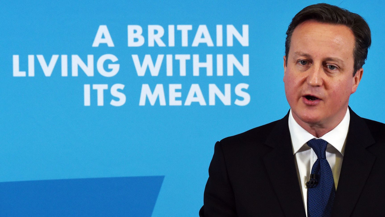 David Cameron bij zijn speech over de economie tijdens een bijeenkomst in Nottingham. Beeld afp