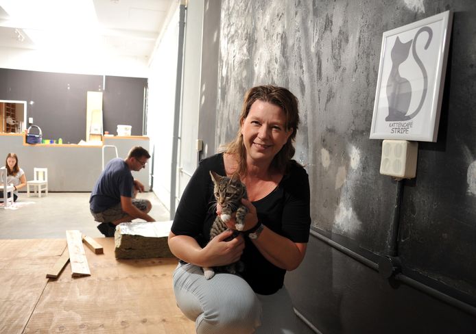 Terwijl haar familie verder werkt aan de verbouwing poseert initiatiefneemster Monique Rozendaal van Kattencafé Stripe - nu nog - met Misty, een van de katten uit de buurt.