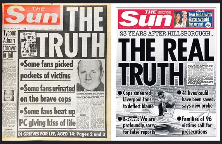 null Beeld Voorpagina van The Sun over de voetbalramp van Hillsborough in 1989.