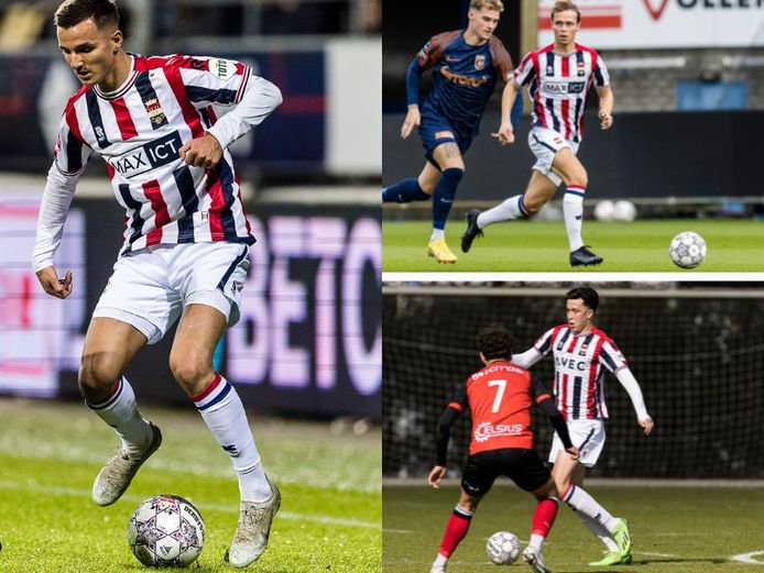 Willem II-jongelingen Dani Mathieu (links), Niels van Berkel (rechtsboven) en Amine Lachkar (rechtsonder) ondertekenden deze week een nieuw contract bij Willem II.