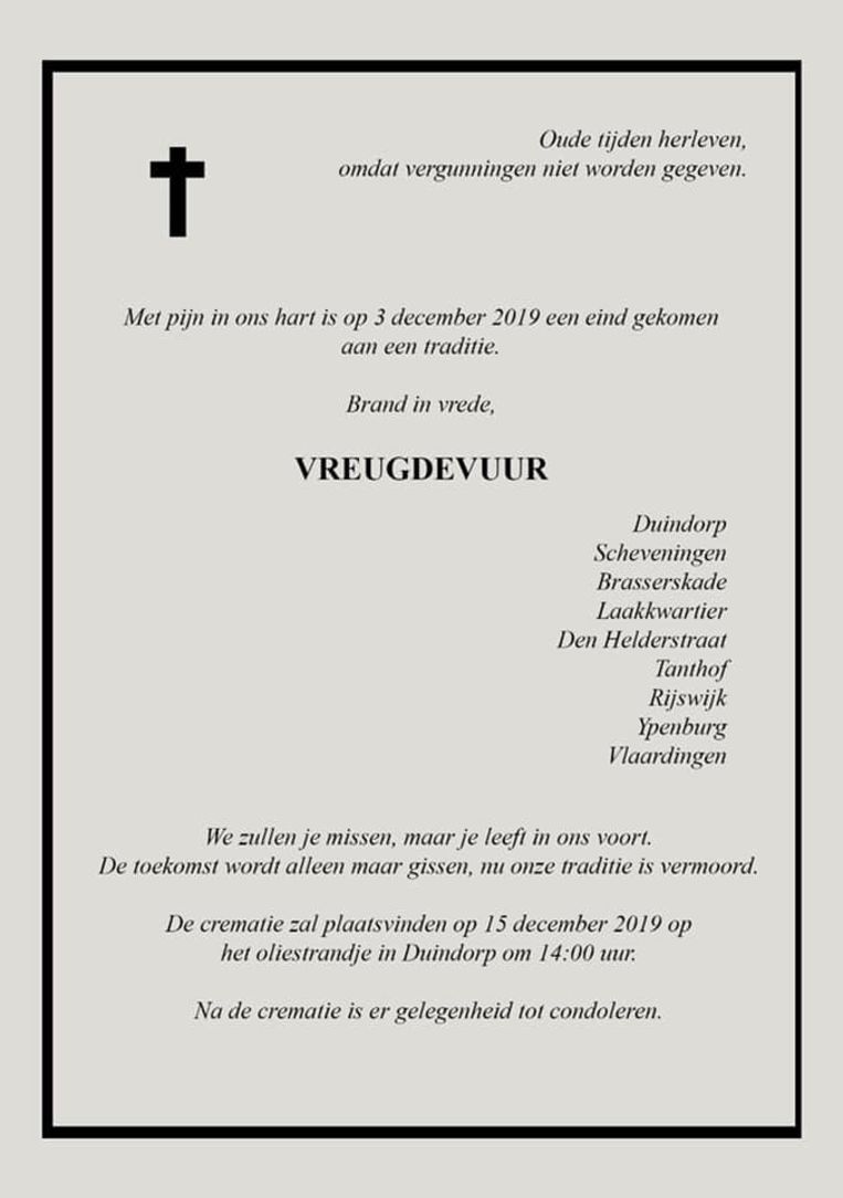Op 5 december plaatsten de bouwers van het vreugdevuur deze rouwadvertentie op hun Facebookpagina. Beeld rv