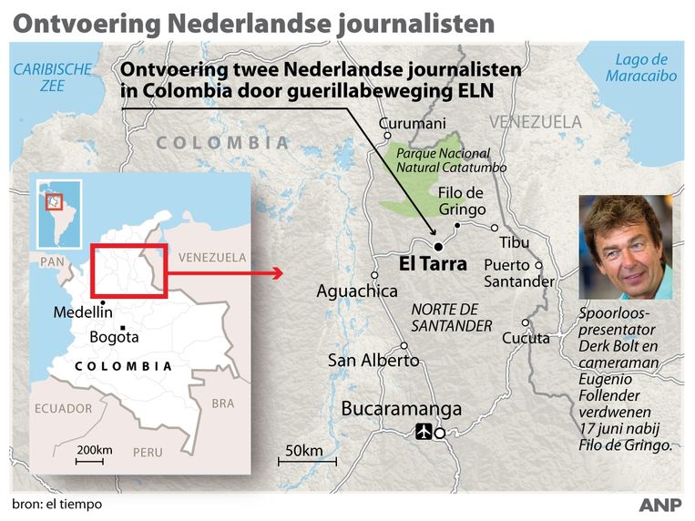 2017-06-20 11:00:46 Ontvoering Nederlandse journalisten in Colombia. Spoorloos-presentator Derk Bolt en cameraman Eugenio Follender sinds 17 juni ontvoerd door guerillabeweging ELN. ANP INFOGRAPHICS Beeld Infografieken Nederland