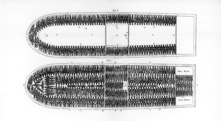 Afbeelding van de binnenkant van een slavenschip, 1808.  Beeld Print Collector / Getty