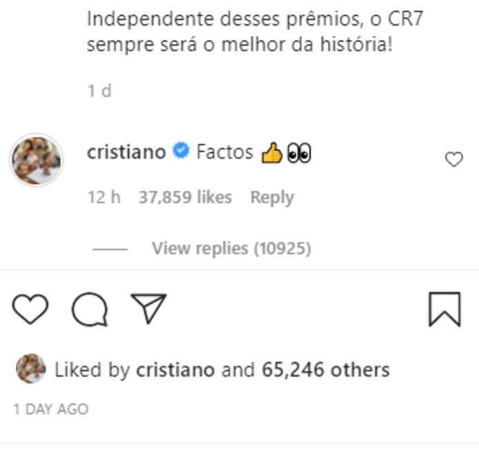 Cristiano Ronaldo reageert onder een Instagrampost.