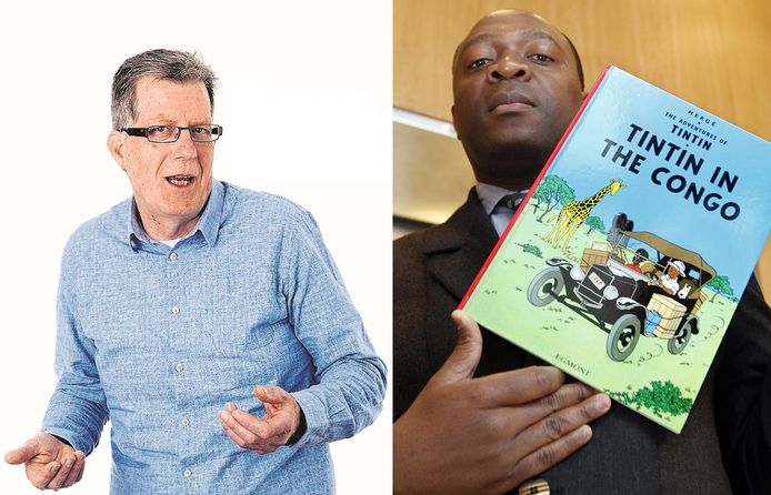 Columnist Jan van de Kasteele vraagt zich af of hij door het lezen van Kuifje in Afrika ook een racist is. Rechts de Congolees Bienvenu Mbuto Mondo die tien jaar geleden al vergeefs probeerde het stripboek uit de handel te krijgen.