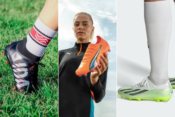 V.l.n.r. voetbalschoen voor vrouwen van Ida Sports, Puma en Adidas.