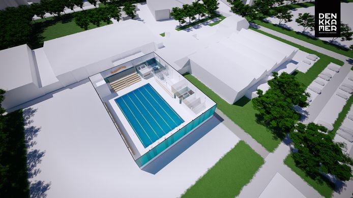 Een impressie van het nieuwe zwembad De Waterstroom zoals dat op het sportpark in Gemert zou kunnen verrijzen, pal naast de te renoveren sporthallen Molenbroek.