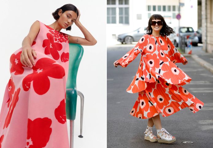 Right: The Unikko poppy print is Marimekko's bestseller and is also popular with fashion influencers.  Left: Marimekko's current spring collection is also bursting with colour.