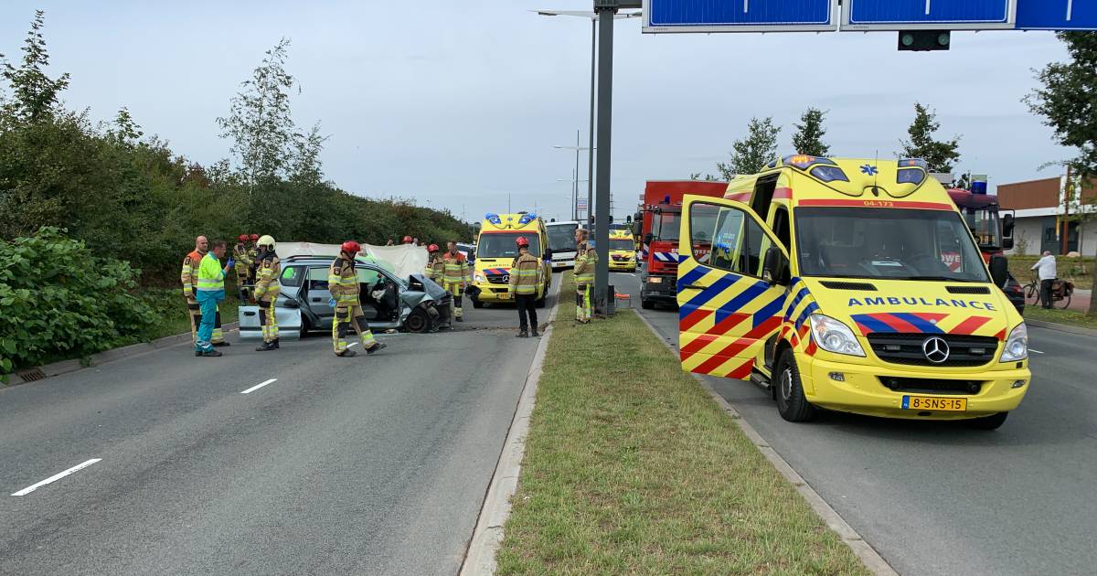 Zwaargewonde na frontale botsing op bewegwijzeringspaal bij Deventer.