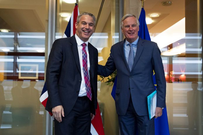 Brexitminister Stephen Barclay en Europees hoofdonderhandelaar Michel Barnier.