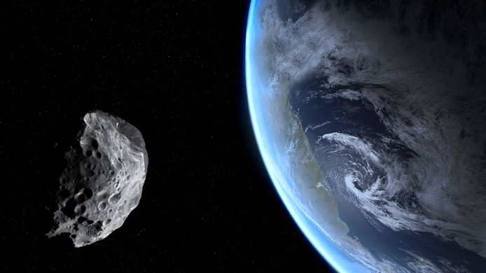 Een illustratief beeld van een asteroïde die langs de Aarde passeert.