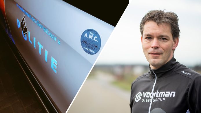 Een sticker op de politiebus en SGP-voorman André Scheppink.