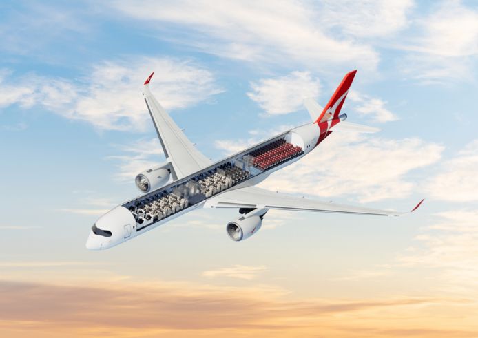 Indeling van de Airbus die voor Qantas van Londen en New York non-stop naar Australië gaat vliegen.