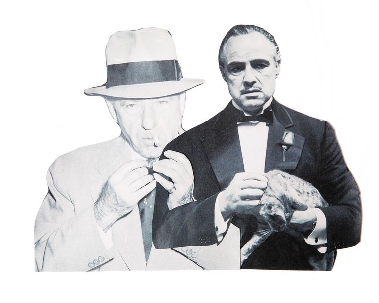 Don Vito Corleone, gebaseerd op Frank Costello, gespeeld door Marlon Brando. Beeld Studio V, foto links: Getty