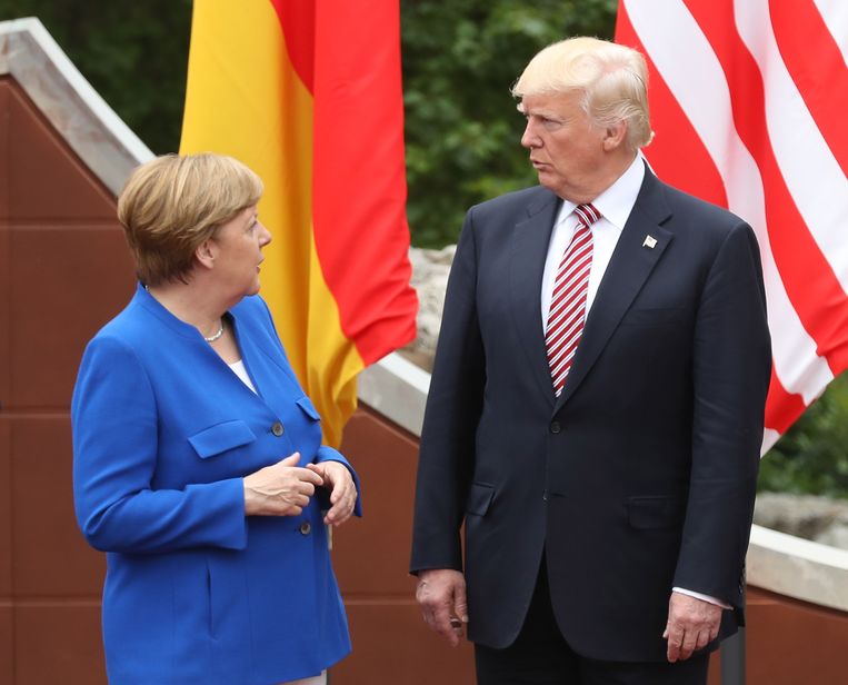 Angela Merkel en Donald Trump tijdens de G7-top in Italië op 26 mei. Beeld Getty Images