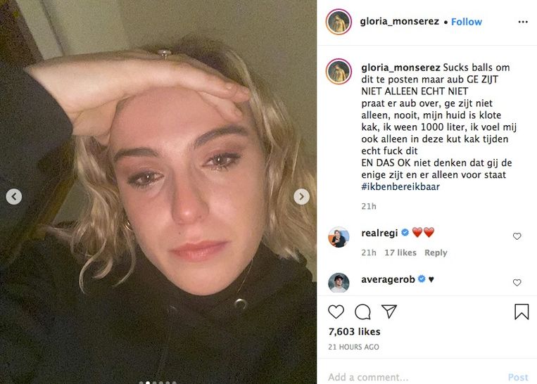 Ketnet-wrapster Gloria Monserez stak via een Instagram-selfie, waarop ze aan het huilen is, haar volgers een hart onder de riem. Beeld rv