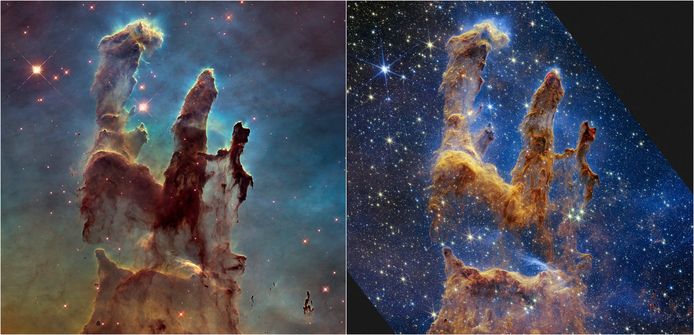 Links Hubble Telescoop, rechts James Webb.