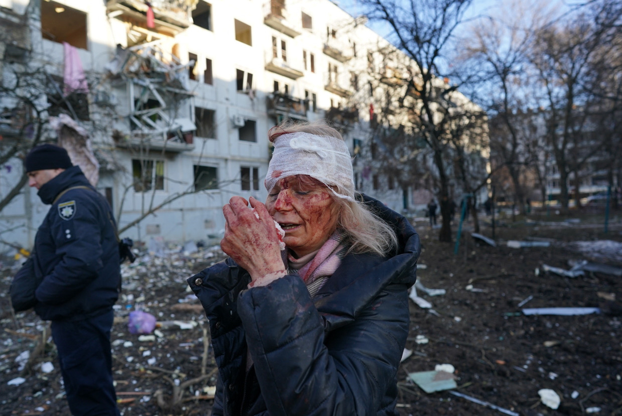 A woman is injured after an attack on an apartment building in Chuhiv, near Kharkiv, Ukraine's second largest city.  Anadolu Agency via Getty Images