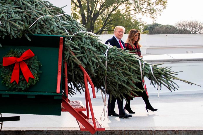 Donald en Melania Trump inspecteerden de eerste kerstboom voor het Witte Huis door een toertje rond de kar te stappen.