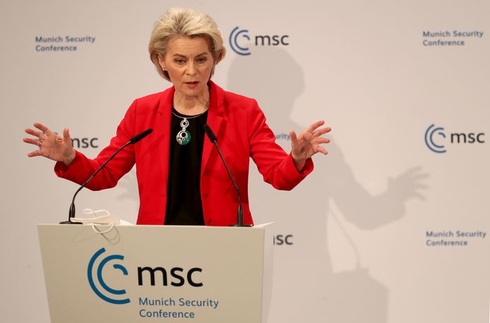 Voorzitter van de Europese Commissie Ursula von der Leyen tijdens de veiligheidsconferentie dit weekend in München.
