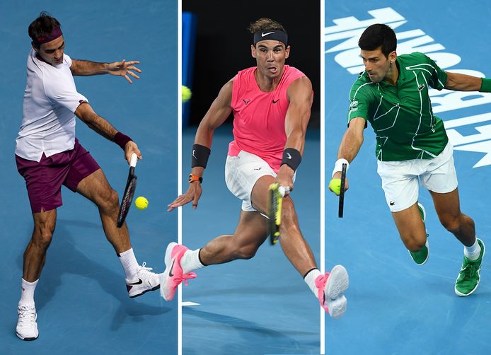 De toptennissers Roger Federer (links), Rafael Nadal en Novak Djokovic.