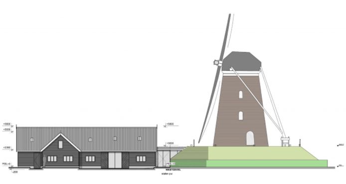 Artist impression van de Heimolen met nieuw restaurant.