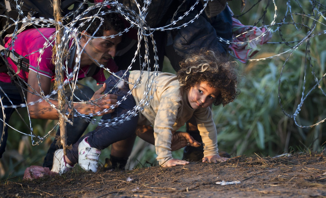Archieffoto van vluchtelingen die onder een hek bij de grens tussen Hongarije en Servië door kruipen.  Beeld ap