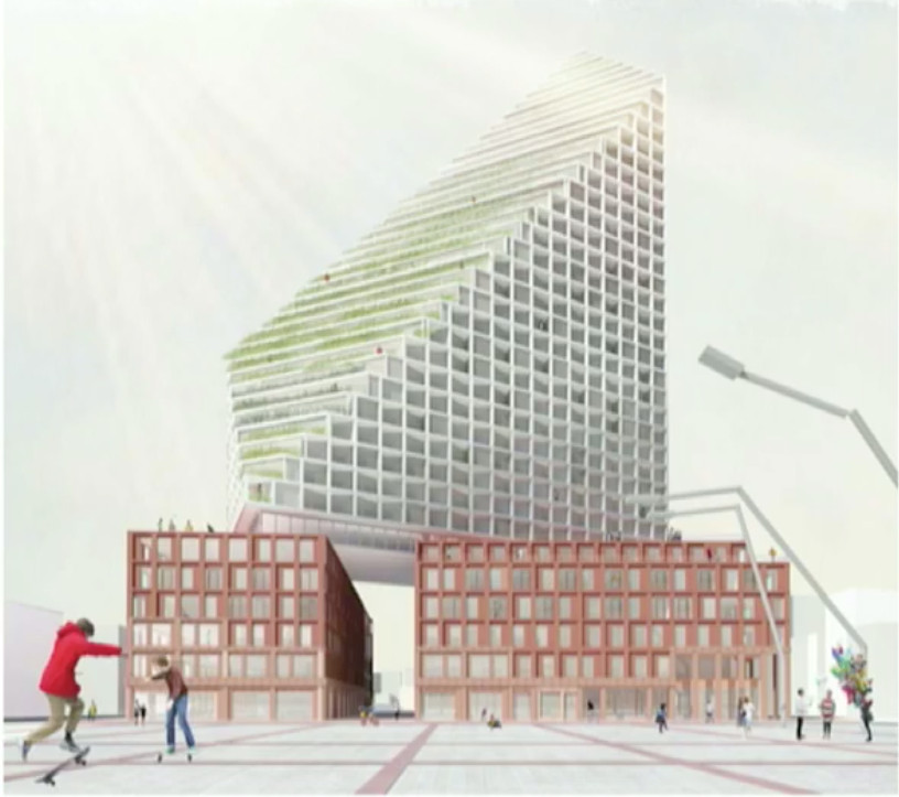 Deze schets van een nieuwbouwplan voor de noordwand van het Stadhuisplein (eigenaar GEVA BV) in Eindhoven liet supervisor Winy Maas al eens zien tijdens een presentatie.