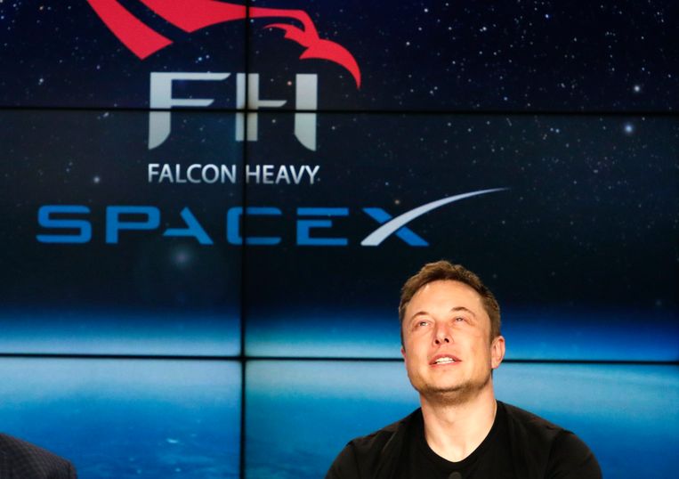 SpaceX-oprichter Elon Musk op de persconferentie na de eerste lancering van de Falcon Heavy op Cape Canaveral. 