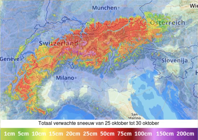 Op maandag zorgt een actief neerslaggebied voor veel sneeuw in de Alpen. Lokaal is meer dan 50 cm mogelijk (bron: sneeuwhoogte.nl).