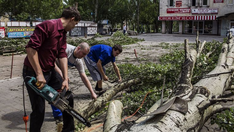 Pro-Russische activisten zagen bomen om te gebruiken voor barricades in Donetsk. Beeld afp