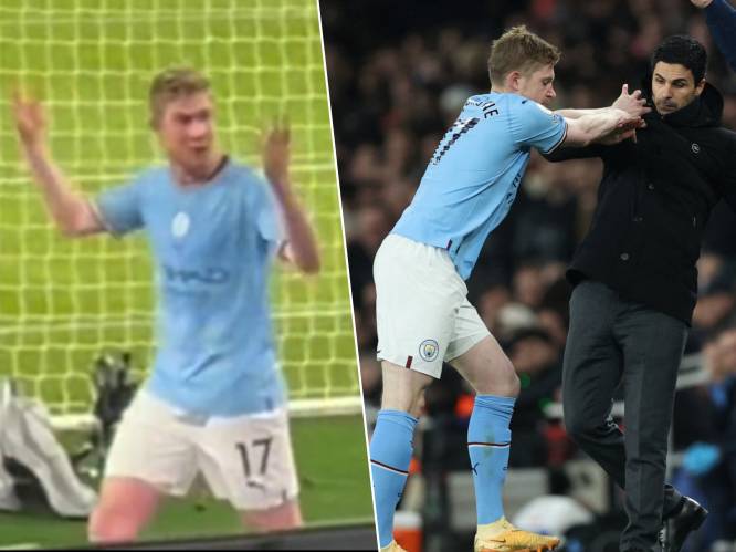 De Bruyne kent zelden genade: onsportieve Arteta krijgt duw, wat later reageert ‘KDB’ laconiek wanneer beker naar z’n hoofd wordt geslingerd