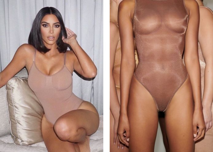 Kim Kardashian met haar SKIMS-shapewear.