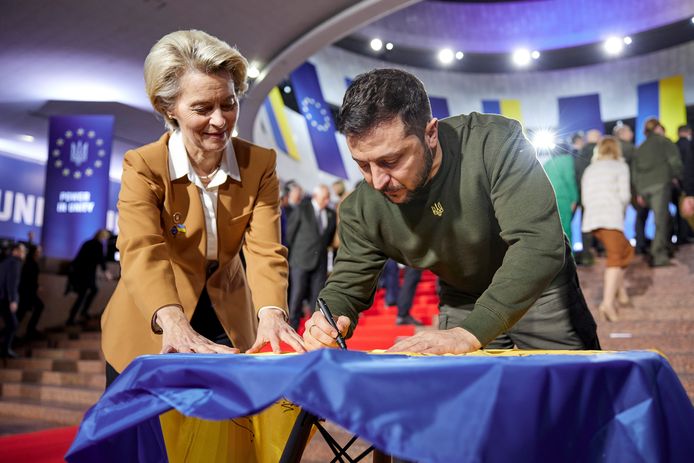 De Europese Commissievoorzitter Ursula von der Leyen en de Oekraïense president Vladymyr Zelensky.