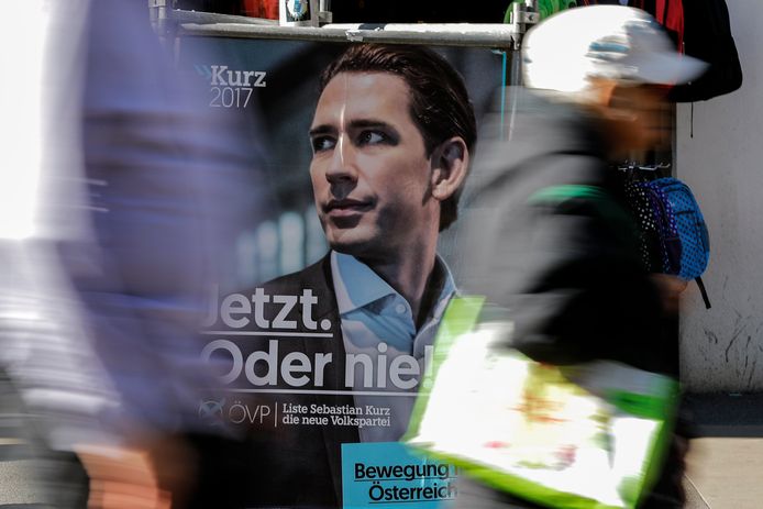Mensen passeren een verkiezingsposter met daarop Sebastian Kurz, de Oostenrijkse minister van Buitenlandse Zaken en te leider van de conservatieve ÖVP.
