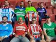 De acht shirtverzamelaars bij elkaar in het Philips Stadion: boven tweede van links is Ralf Oppers. Links naast hem Jeffrey Oomens. Rechts onder het shirt dat van Piet Wildschut is geweest.