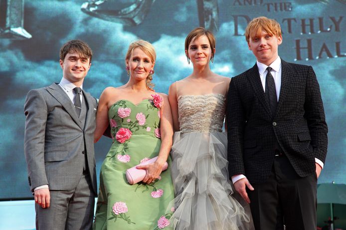 J.K Rowling  met Emma Watson, Rupert Grint en Daniel Radcliffe