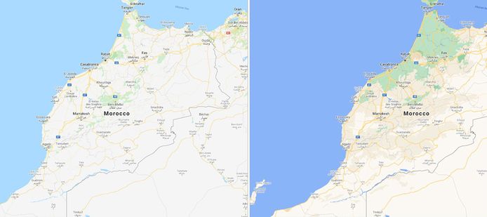 De vegetatie aan de Marokkaanse kust en in het noorden van het land valt meer op in de nieuwe versie van Google Maps.