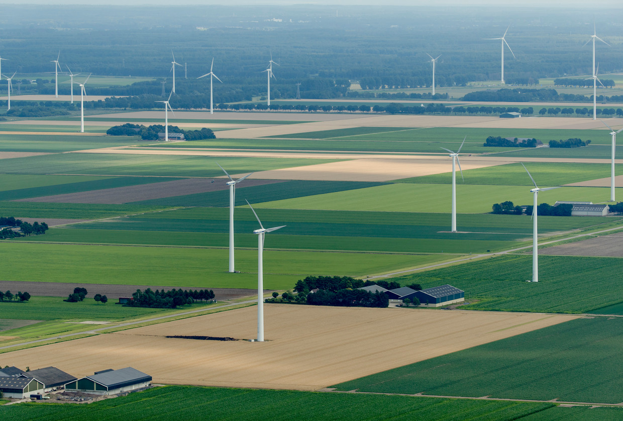 Akkerland en windmolens in Flevoland. Beeld ANP