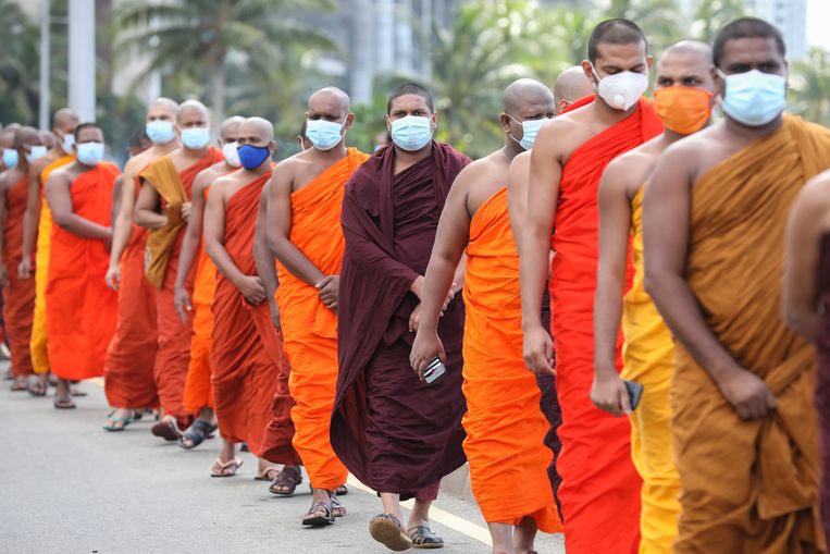 Monniken tijdens een protest voor de crematieplicht in Colombo op 28 december. Beeld EPA