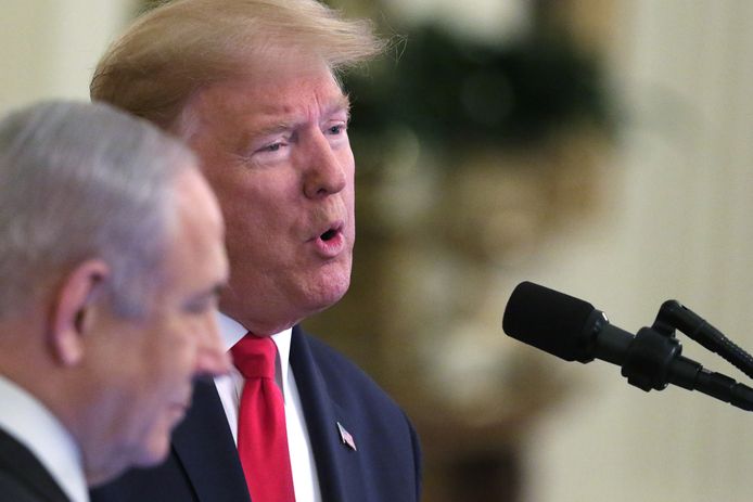 President Donald Trump tijdens zijn persconferentie in het Witten Huis met de Israëlische premier Benjamin Netanyahu