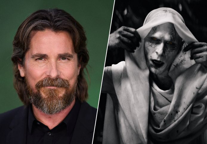 Christian Bale (links) en de acteur als het personage Gorr in 'Thor: Love and Thunder'.