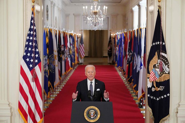 President Joe Biden in de East Room van het Witte Huis, maart dit jaar. Beeld AFP