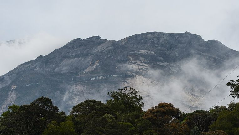 De heilige berg Kinabalu, waar bergbeklimmers vast kwamen te zitten na de aardbeving van vrijdag. Beeld afp