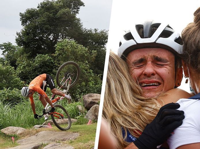 Links: de val van Van der Poel - rechts: een dolgelukkige Pidcock na het behalen van de gouden medaille.