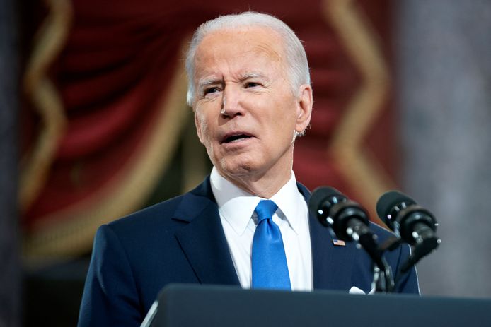 Amerikaans president Joe Biden tijdens zijn speech vandaag vanuit het Capitool.
